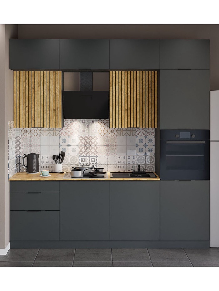 Кухонный гарнитур прямой трёхуровневый под потолок «Виктория 1–3Я», 2400×2520 мм, цвет графит/тегола - Фото 1