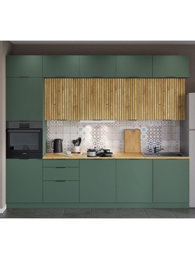 Кухонный гарнитур прямой трёхровневый под потолок «Виктория 2.1–3Я», 3000×2520 мм, цвет кипарисовый/тегола