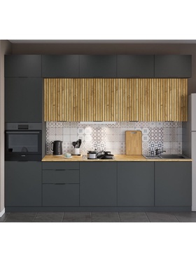 Кухонный гарнитур прямой трёхровневый под потолок «Виктория 2.1–3Я», 3000×2520 мм, цвет графит/тегола