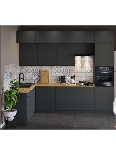 Кухонный гарнитур угловой трёхуровневый под потолок «Виктория 3.1–3Я», 3000×2520×1600 мм, цвет графит