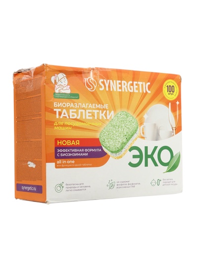 УЦЕНКА Таблетки для посудомоечных машин Synergetic, бесфосфатные, биоразлагаемые, 100 шт.