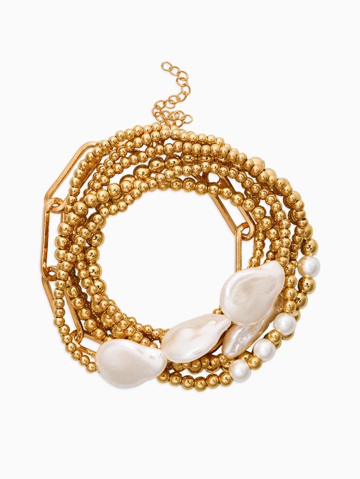 Набор браслетов «Жемчуг Барочный с цепями», 7 шт. белый в золоте