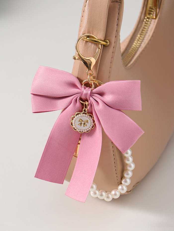 Брелок для ключей на карабине «Двойной бант с жемчугом и подвеской», на сумку, рюкзак, розово-белый 13×8.5×1 см - Фото 1