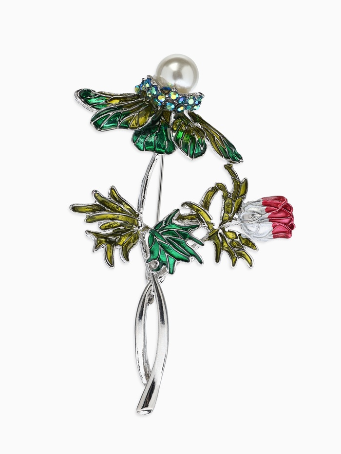 Брошь «Цветок Репей с бусиной», разноцветная в серебре