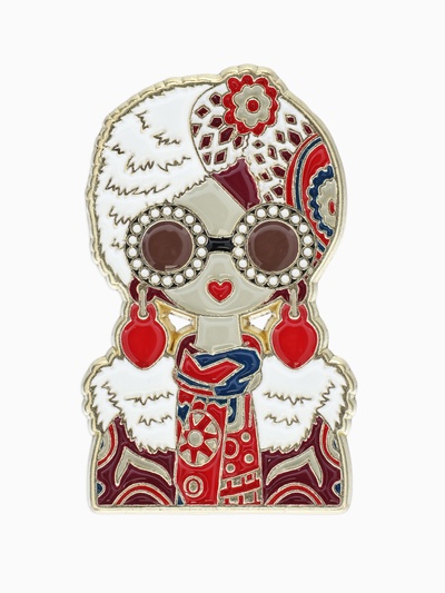 Значок «Русская красавица» с серьгами, цветной в золоте