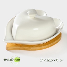 УЦЕНКА Маслёнка BellaTenero «Эстет. Сердце», 17×13.5×8 см, на бамбуковой подставке, фарфор, белая 11000116