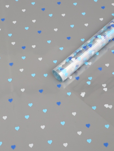 Плёнка для цветов «Сердечки конфетти», прозрачный/сине-голубой, 0.7×7.6 м, 40 мкм, 200 г