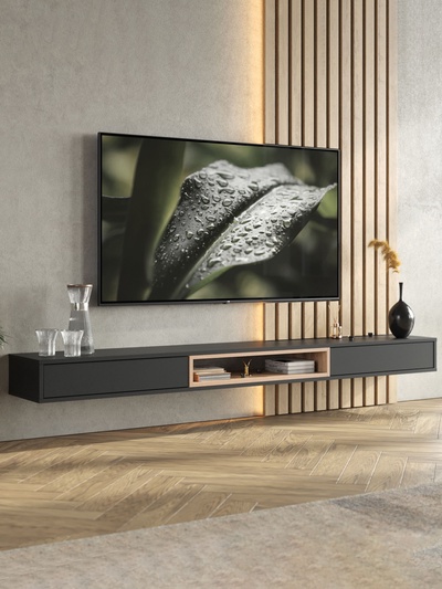 Тумба под ТВ подвесная «Амели», 2002×315×160 мм, цвет чёрный/дуб вотан