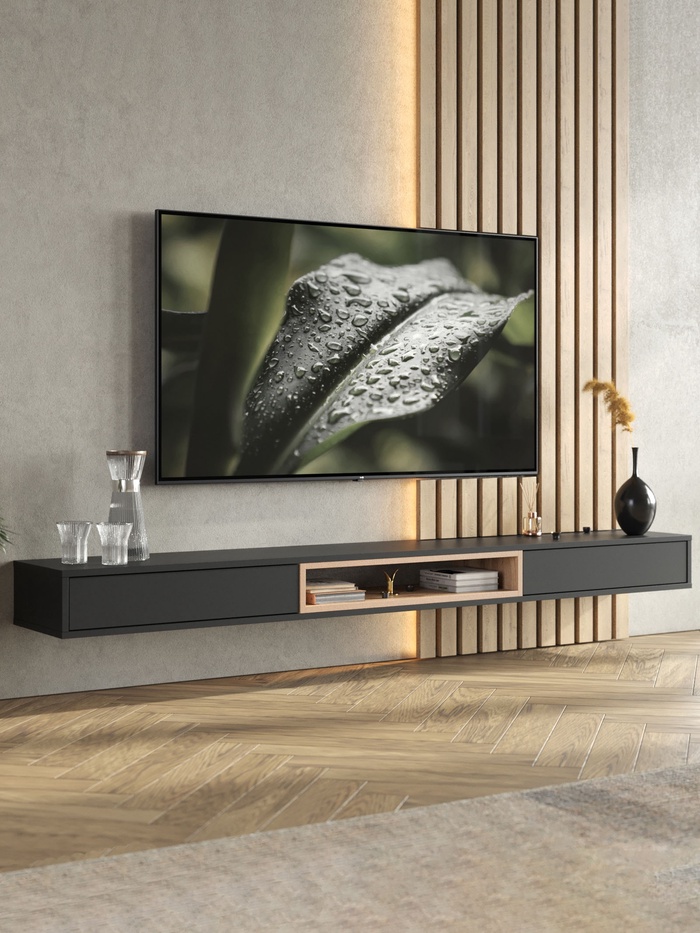 Тумба под ТВ подвесная «Амели», 2002×315×160 мм, цвет чёрный/дуб вотан - Фото 1