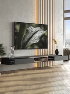 Тумба под ТВ подвесная «Амели», 2002×315×160 мм, цвет чёрный/дуб вотан  (артикул 10988711)  большой выбор товаров оптом и в розницу по низким ценам с доставкой