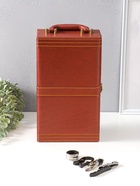 Шкатулка подарочная под 2 бутылки «Гладкая кожа» и набор 4 предмета, коричневая, 34.5×20×12 см - Фото 1