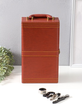 Шкатулка подарочная под 2 бутылки «Гладкая кожа» и набор 4 предмета, коричневая, 34.5×20×12 см