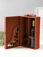 Шкатулка подарочная под 2 бутылки «Гладкая кожа» и набор 4 предмета, коричневая, 34.5×20×12 см - Фото 2
