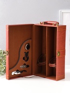 Шкатулка подарочная под 2 бутылки «Гладкая кожа» и набор 4 предмета, коричневая, 34.5×20×12 см - Фото 3