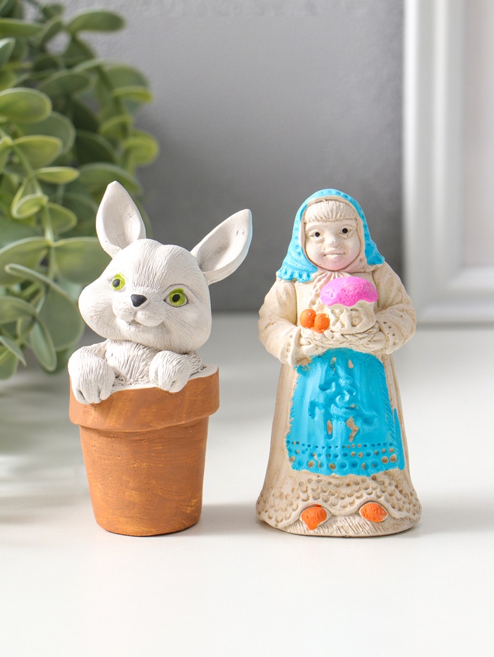 Набор фигурок пасхальных 2 шт. «К празднику», девушка 9×4 см, заяц в горшочке 9×5 см