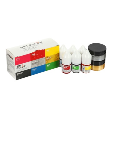Набор гелевых водорастворимых пищевых красителей Art Color Base 6 цветов + золото и серебро