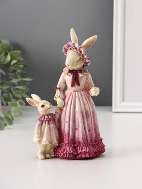 Фигура полистоун «Мама зайка с дочкой прогулка», розовый, 16×14×20.5 см