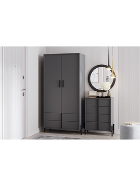 Прихожая Тео 01 БЕЗ ЗЕРКАЛА (шкаф 040.41+комод 040.26+альба 350 пуф смог серый)  (артикул 11001032)  большой выбор товаров оптом и в розницу по низким ценам с доставкой