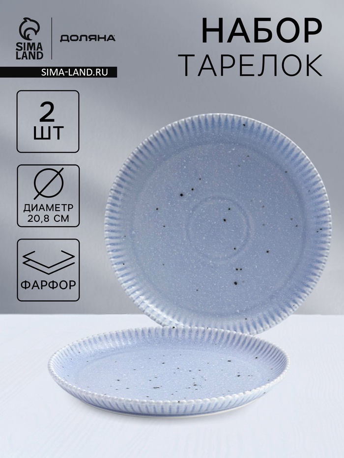 УЦЕНКА Набор тарелок Доляна «Коралл», d=20.8 см, 2 шт., фарфор, голубой - Фото 1