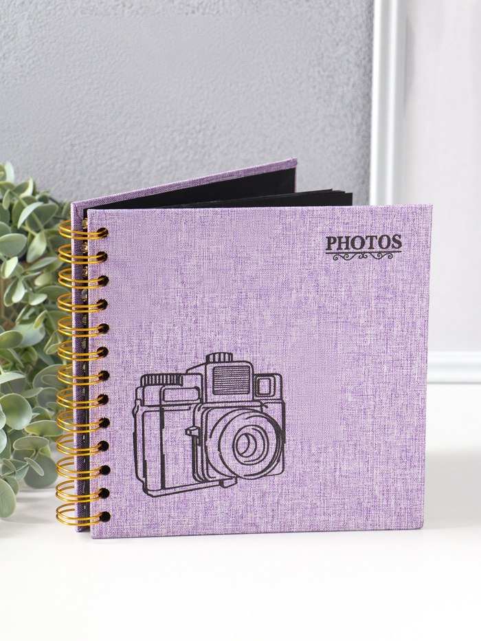 Фотоальбом на спирали 20 листов «Фотоаппарат. Фиолетовый», текстиль, чёрный картон, 17.5×17.5 см