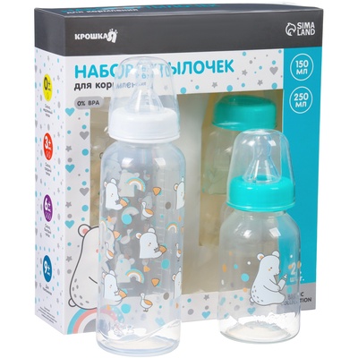 УЦЕНКА Набор бутылочек для кормления «Медвежонок» 150 и 250 мл, серия Basic, прямые, МИКС