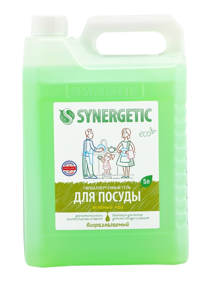 Гель для мытья посуды SYNERGETIC зеленый чай, 5 л - Фото 1