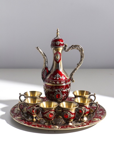 УЦЕНКА Набор чайный кувшин, 6 бокалов и поднос "Стамбул. Розы и узоры" красный с золотом