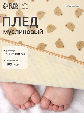 Плед двухслойный «Этель. Медвежонок», 100×100 см, муслин, вельбоа