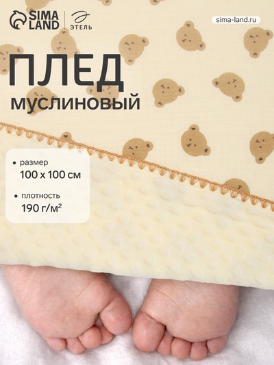 Плед двухслойный «Этель. Медвежонок», 100×100 см, муслин, вельбоа