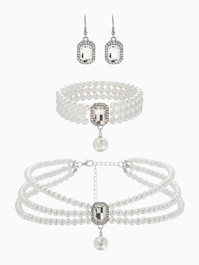 Набор 3 предмета: серьги, колье. браслет «Императрица жемчуга», белый в серебре