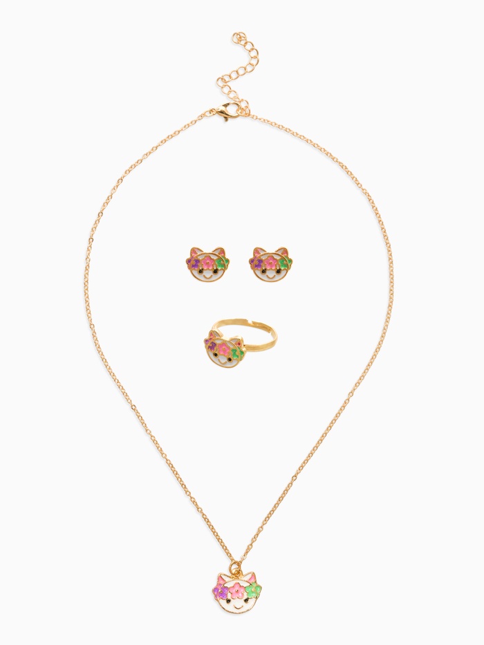 Набор детский «Выбражулька. Котик», 3 предмета: кулон, кольцо, серьги, разноцветный в золоте