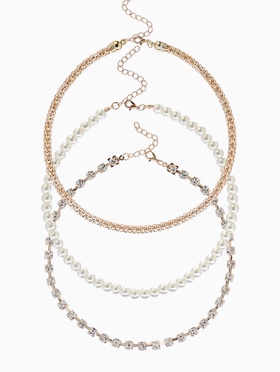 Чокеры «Стиль», набор 3 шт. бусины №8, со стразами, тянется, 35 + удлинитель 5 см, белый в золоте