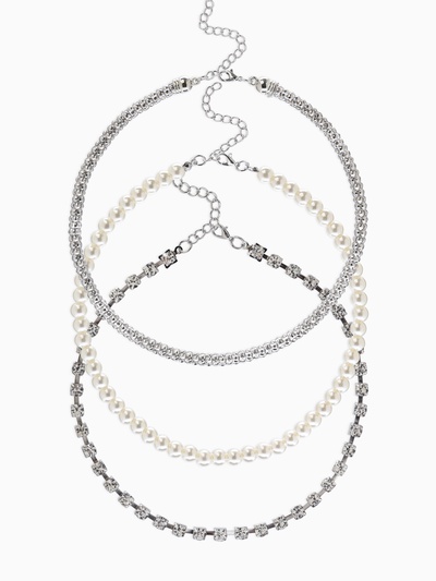 Чокеры «Стиль», набор 3 шт. бусины №8, со стразами, тянется, 35 + удлинитель 5 см, белый в серебре