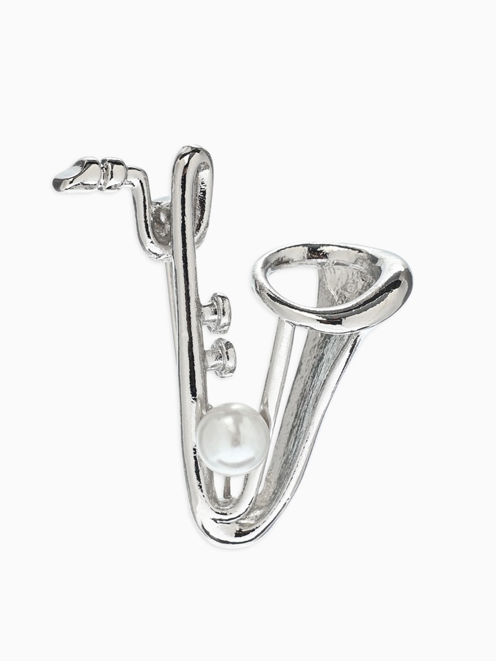 Брошь «Музыка. Саксофон с жемчужиной», белая в серебре