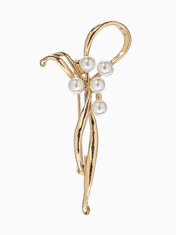 Брошь «Бантик с жемчугом», белая в золоте