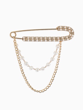 Булавка «Шик цепочки и жемчуга», в стразах, L=7.5 см, белая в золоте