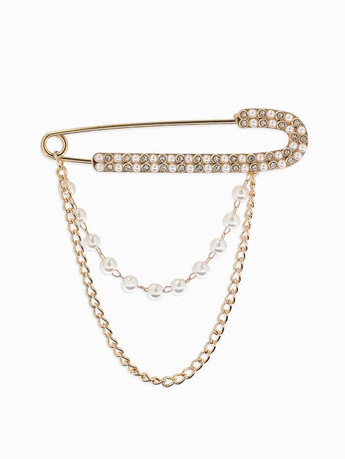 Булавка «Шик цепочки и жемчуга», в стразах, L=7.5 см, белая в золоте