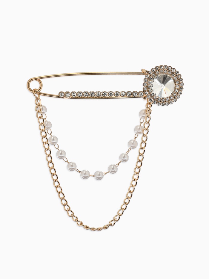 Булавка «Императрица. Цепочка и жемчуг», в стразах, L=7.5 см, белая в золоте