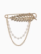 Булавка «Лист с цепочкой и жемчугом», в стразах, L=7.5 см, белая в золоте - фото 809547706