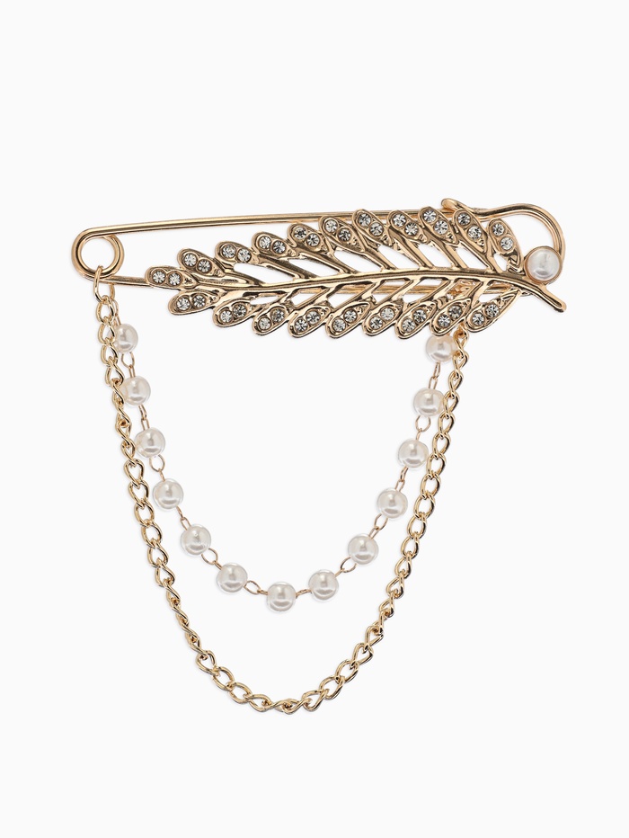 Булавка «Лист с цепочкой и жемчугом» в стразах, L=7.5 см, белая в золоте