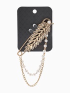 Булавка «Лист с цепочкой и жемчугом», в стразах, L=7.5 см, белая в золоте - фото 809547709