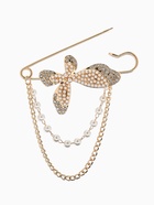 Булавка «Бабочка с цепочкой и жемчугом», в стразах, L=7.5 см, белая в золоте - фото 809547713