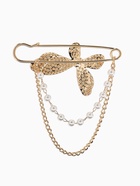 Булавка «Бабочка с цепочкой и жемчугом», в стразах, L=7.5 см, белая в золоте - фото 809547714