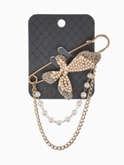 Булавка «Бабочка с цепочкой и жемчугом», в стразах, L=7.5 см, белая в золоте - фото 809547715