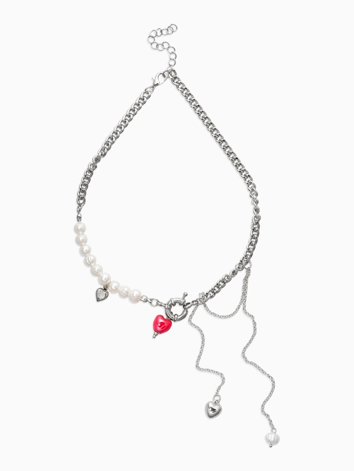 Колье с подвеской на цепочке «Сердце с жемчугом», керамика, L=35 + удлинитель 5 см, белый, красный в серебре - Фото 1