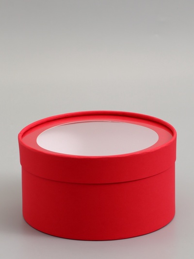 Подарочная коробка круглая, красная, завальцованная с окном, 21×11 см