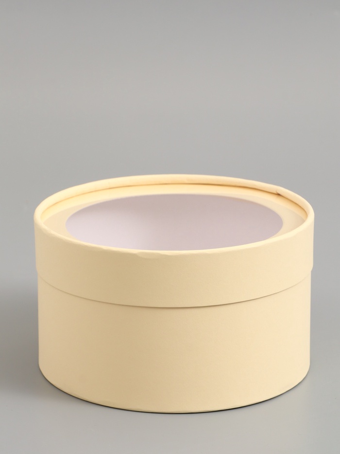 Подарочная коробка круглая, сливочный, завальцованная с окном, 18×10 см