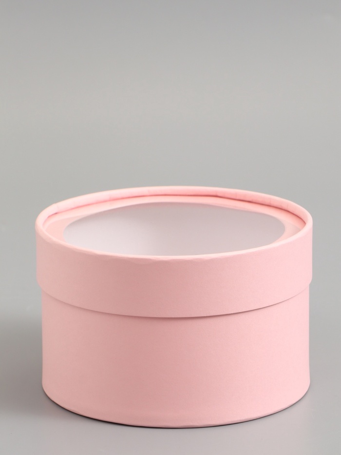 Подарочная коробка круглая, розовая, завальцованная с окном, 16×11 см