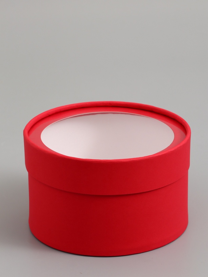 Подарочная коробка круглая, красная, завальцованная с окном, 16×11 см