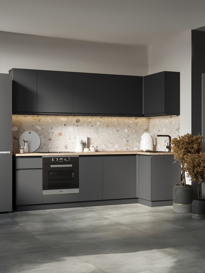 УЦЕНКА Кухонный гарнитур угловой Лира 2600х1000, Графит/Столешница Дуб кера